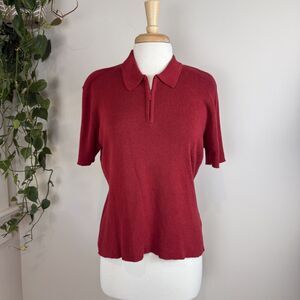 Vintage Talbots Red Ribbed Knit Short Sleeve Polo Sweater 1/4 Zip, Cotton Rayon